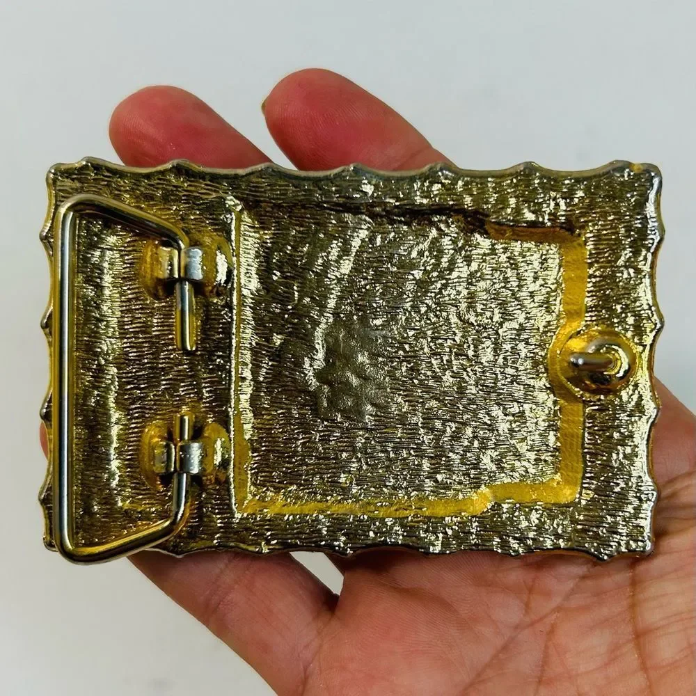 1970s Kenneth Reid Mixed Wood Inlay and Howlite Solid Brass Handmade Belt Buckle